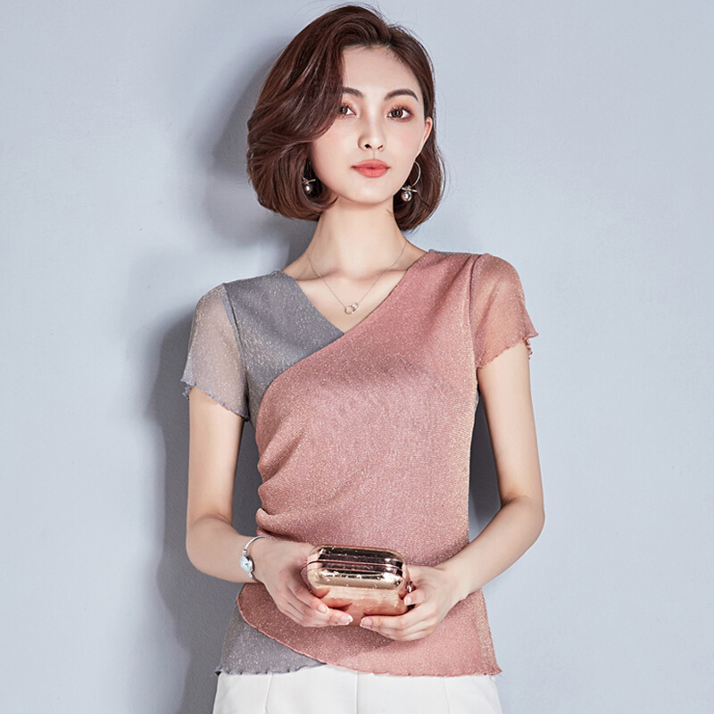 网纱打底衫女短袖百搭t恤夏装新款修身上衣遮肚子洋气亮丝v领小衫图片