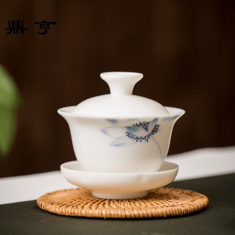 鼎亨玉瓷手绘盖碗敬茶杯德化白茶碗大号泡茶三才碗功夫茶具手抓壶