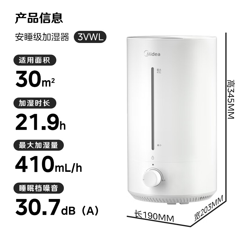 美的加湿器CS-3VWL智能抑菌净化超声波加湿器4.5升超声波上加水3档30㎡空间高清大图