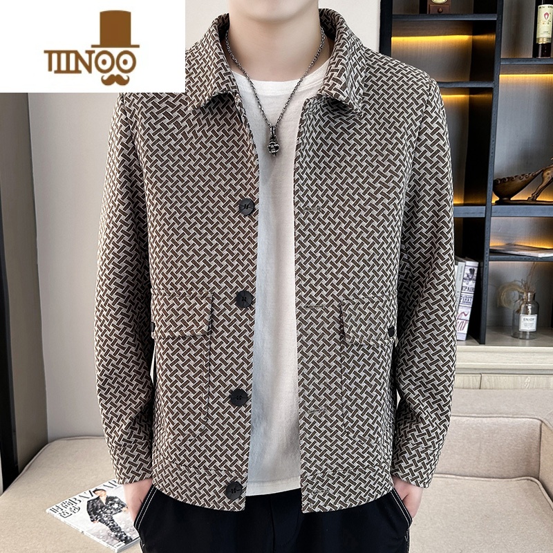 YANXU格子外套男感痞帅潮牌翻领夹克男装韩版休闲百搭短款风衣高清大图