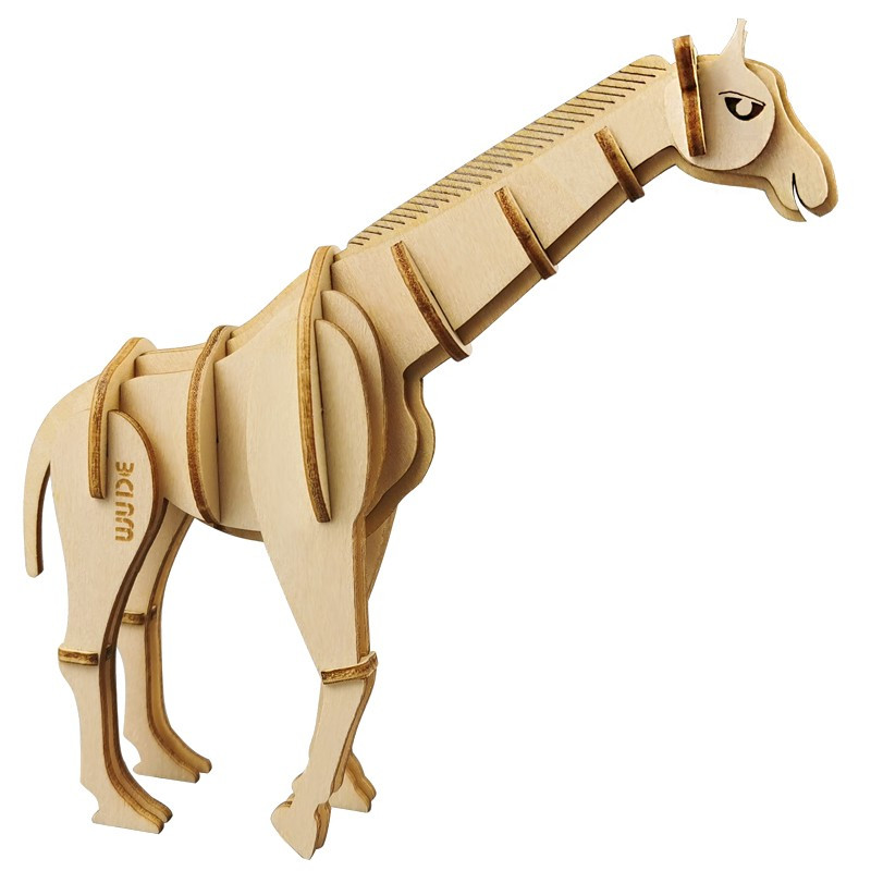 wude长颈鹿动物木制立体3d拼图木质diy积木玩具儿童手工拼装模型组装