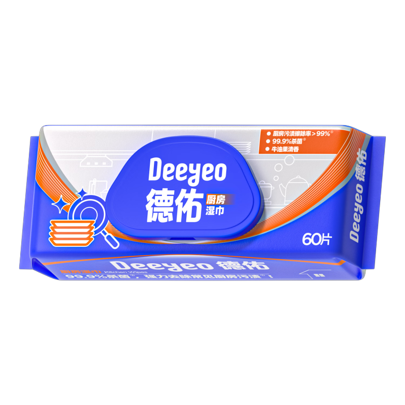 德佑湿巾厨房湿巾99.9%杀菌强力去除厨房污渍厨房卫生湿巾60片*3包