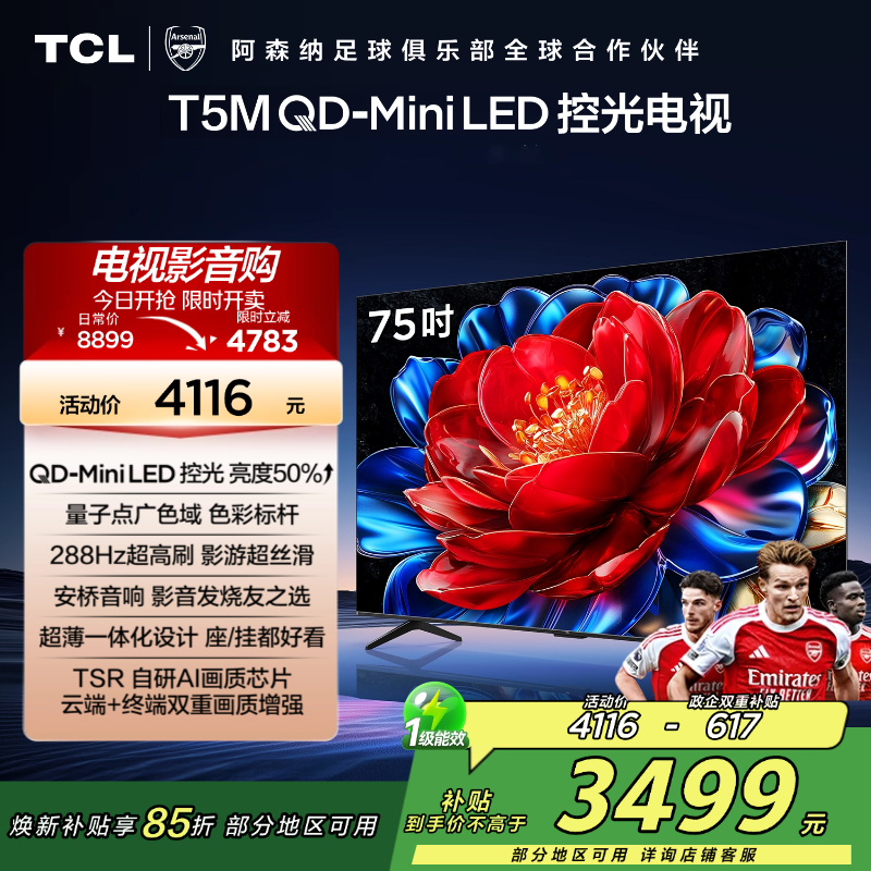 TCL电视 75T5M 75英寸 QD-Mini LED控光 288Hz高刷 QLED量子点 WiFi6 超薄电视高清大图