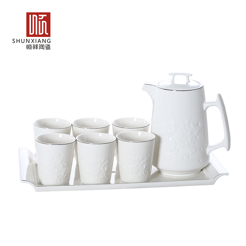 顺祥陶瓷茶具套装 欧式+中式现代浮雕水具8件套 一抹金艳 苏宁自营