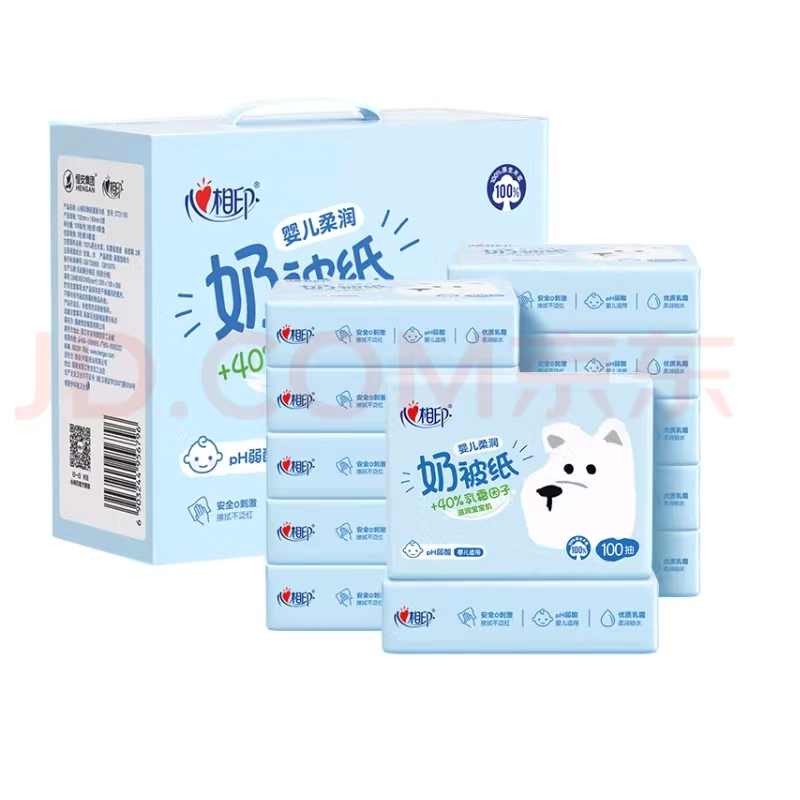 恒安心相印DT31100婴儿柔润奶被乳霜无香面巾纸100抽*4包/提(12提箱)