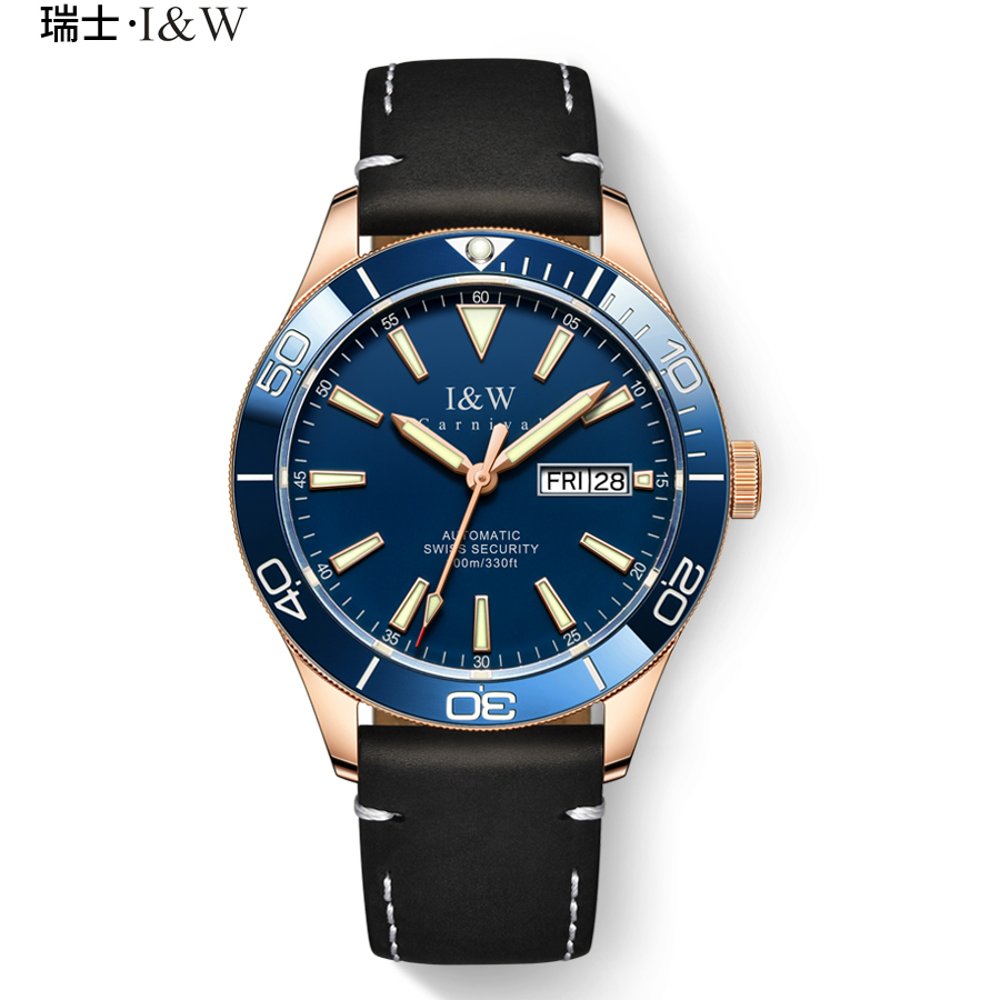 瑞士爱沃驰I&W CARNIVAL水鬼手表全自动机械表 男表鲨鱼系列100米潜水表运动夜光男士表潮流新品533G 玫壳蓝面黑皮