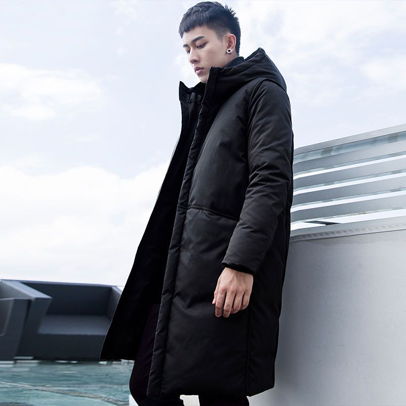 南极人羽绒服冬季新款羽绒服男中长款加厚连帽帅气潮流过膝外套黑色m