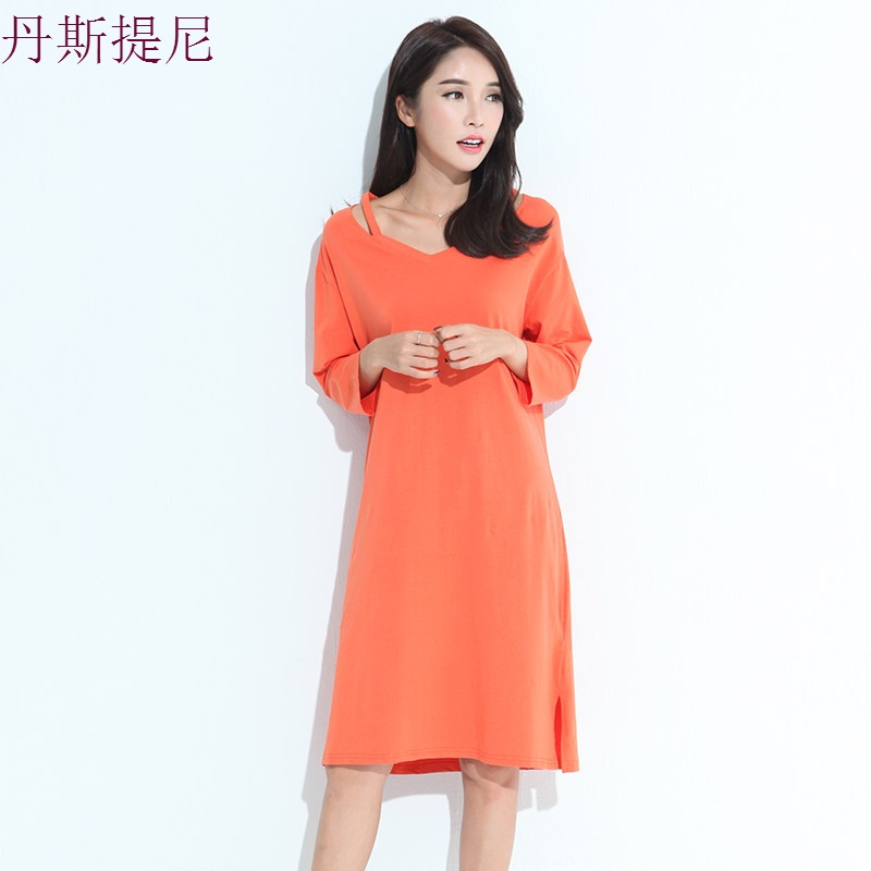 韩版睡衣女长袖可爱宽松长裙大码长款睡裙春秋可外穿家居服冬
