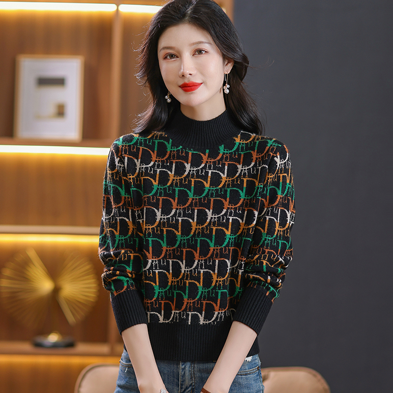 2024春秋新款山羊绒衫女针织衫打底衫毛衣圆领羊毛衫女修身短款毛衣女长袖简约绣花修身半高领毛针织衫女多款 7633黑色 XL-175