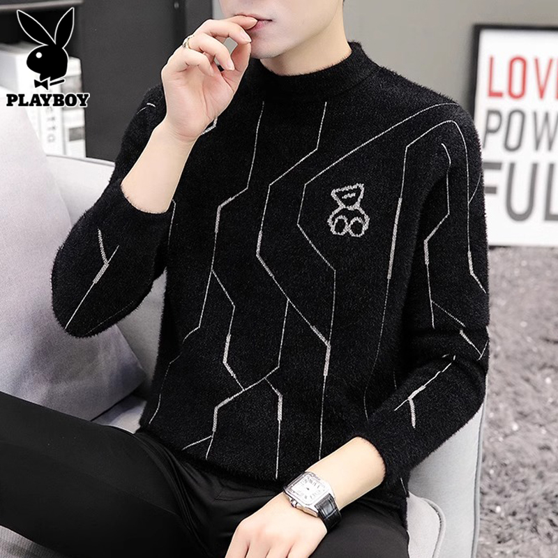 花花公子水貂绒毛衣男士半高领打底毛线衣春秋季新款修身针织衫新高清大图