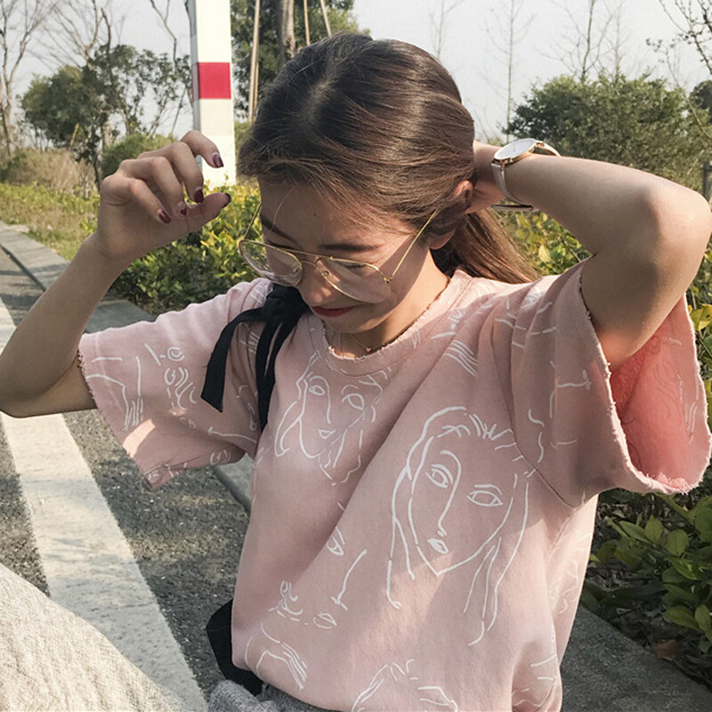春夏女装韩版个性磨破素描宽松短袖T恤卡通打底衫上衣体恤学生潮白色均码
