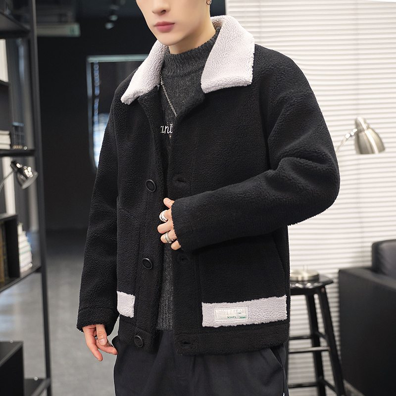 yuansu羊羔绒外套男士青年潮牌颗粒绒夹克加厚休闲棉衣帅气白色男装