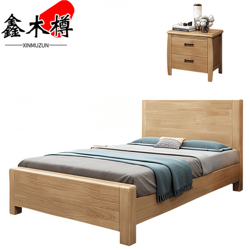 鑫木樽双人床+床头柜180*200*98cm套高清大图
