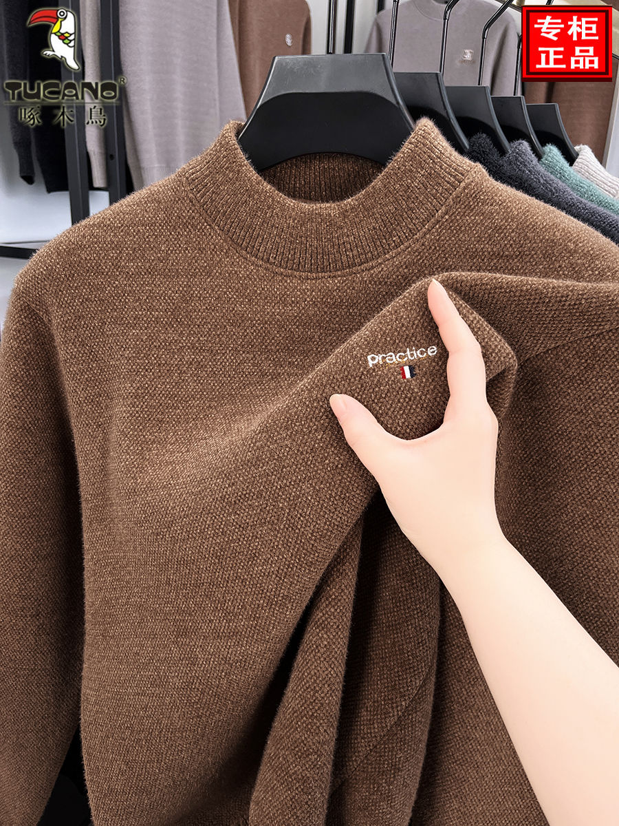 啄木鸟半高领加绒加厚男士毛衣2025冬季一体绒保暖羊毛针织打底体高清大图