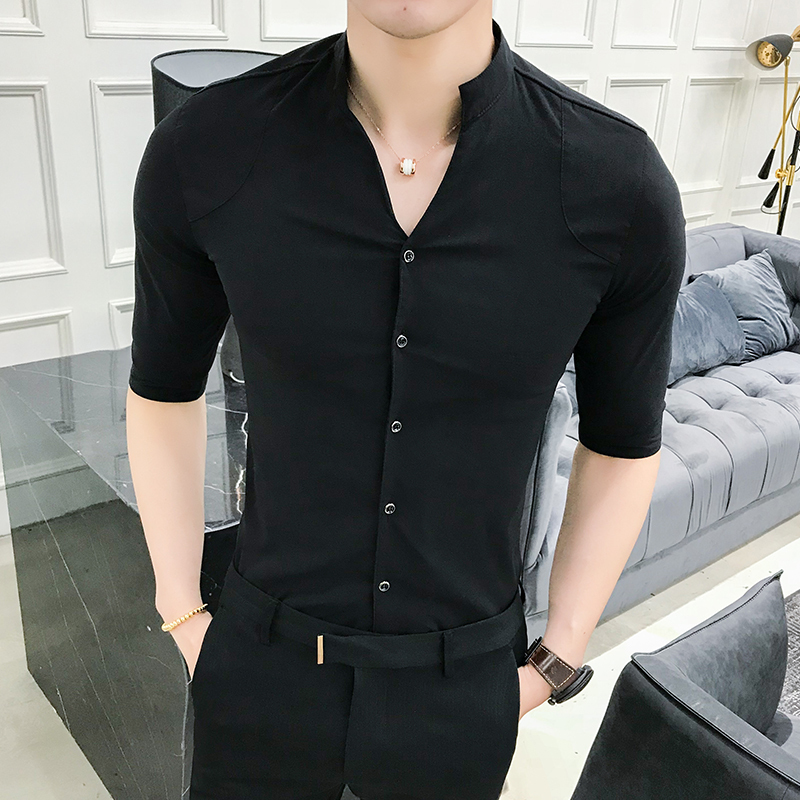 型师夜店黑色衬衫5七分袖男V领百搭纯色韩版修身商务衬衫夏季潮