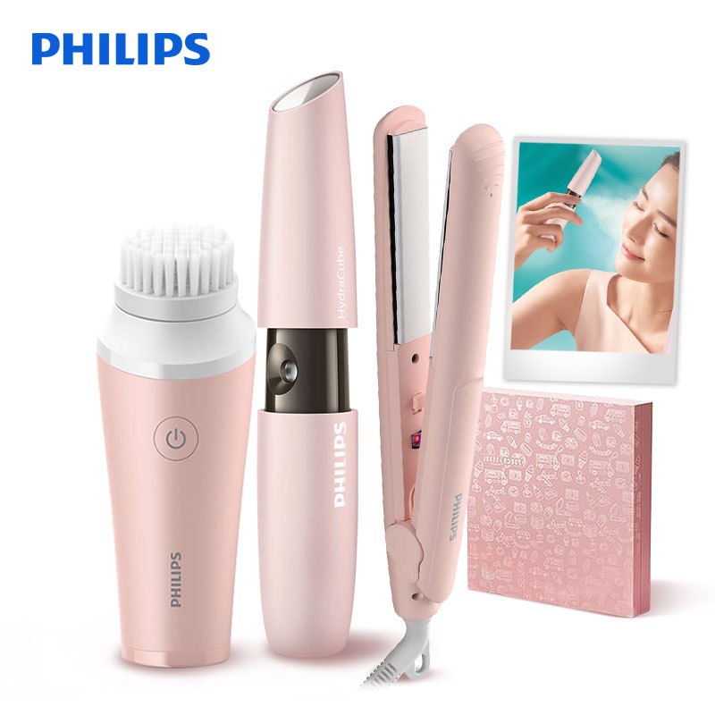 飞利浦(Philips)电子喷雾仪便携 保湿补水 三件套礼盒版 (喷雾仪+洁面仪+直卷发器)美颜随身BSC601-BH