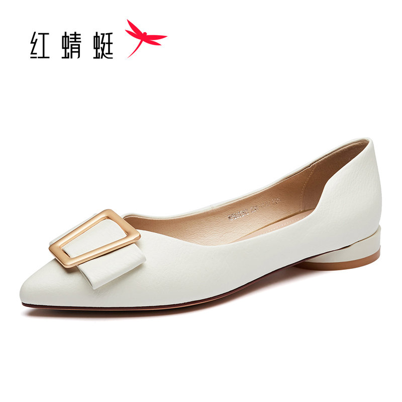 红蜻蜓女鞋春季平底鞋尖头套脚浅口单鞋休闲舒适皮鞋