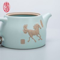 东道 汝窑 青瓷陶瓷 套装茶具 一马当先小茶组 一壶三杯 开片可养 天青色