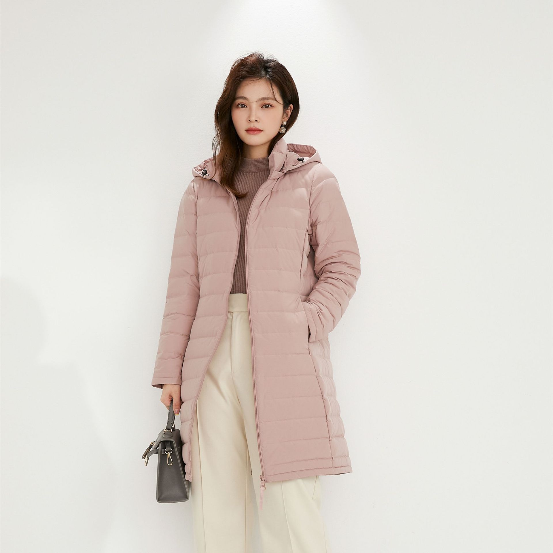 新款女式90绒纯色女装连帽带帽无缝羽绒服中长款大码外套_751031 粉色 XXL