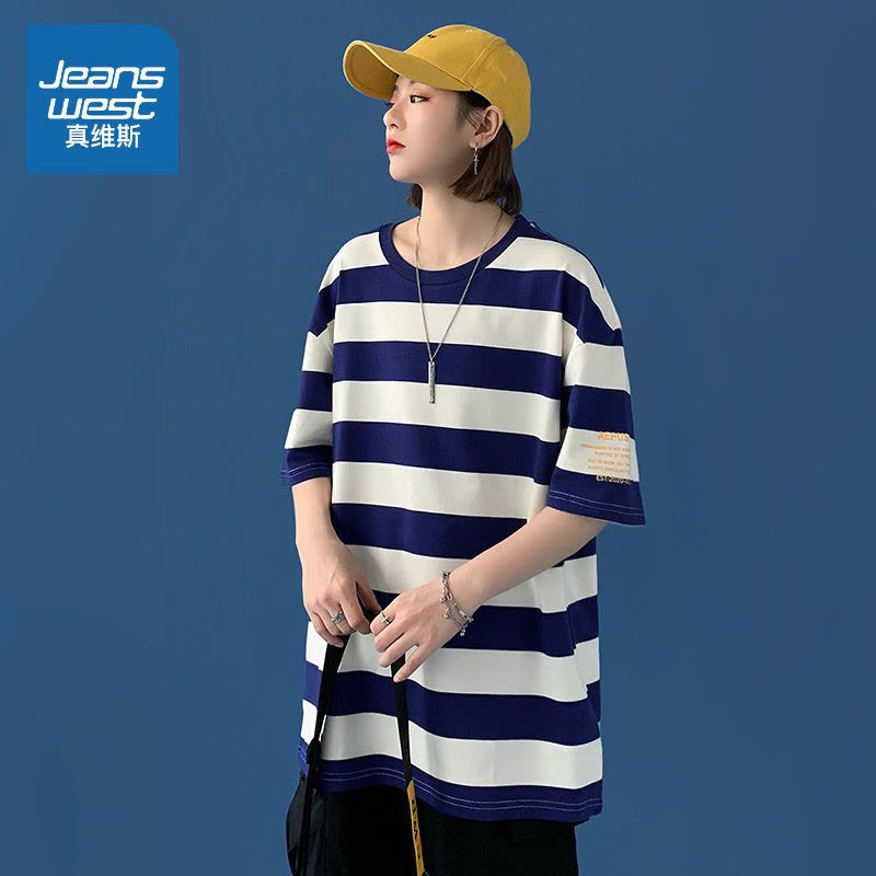 真维斯纯棉条纹短袖女2022新款港风宽松圆领上衣打底衫百搭潮流图片