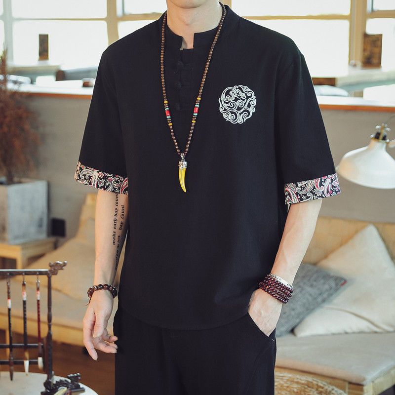 亚麻短袖男T恤2020中国风棉麻上衣潮流刺绣半袖唐装夏季宽松汉服 黑色纯色 2XL 145-160斤