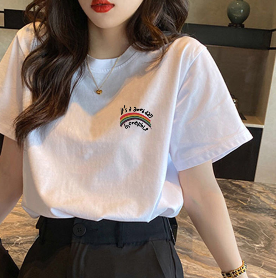 侠古晟语纯棉白色短袖t恤女学生韩版宽松圆领印花闺蜜装夏季女装上衣