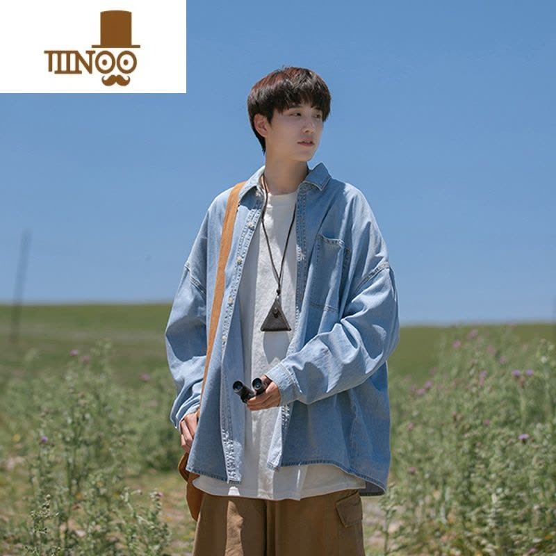 YANXU蓝色牛仔衬衫男生ins港风潮牌感工装长袖衬衣vintage秋季外套图片