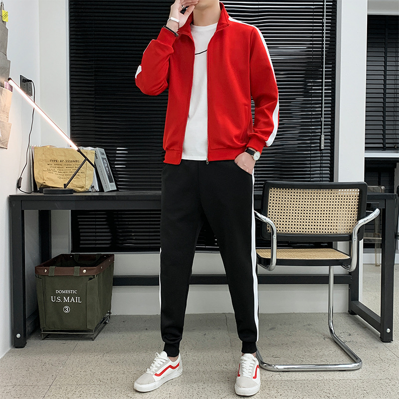 啄木鸟高端运动套装男士新款春秋开衫卫衣外套休闲裤搭配一套男装 601红色套装 2XL