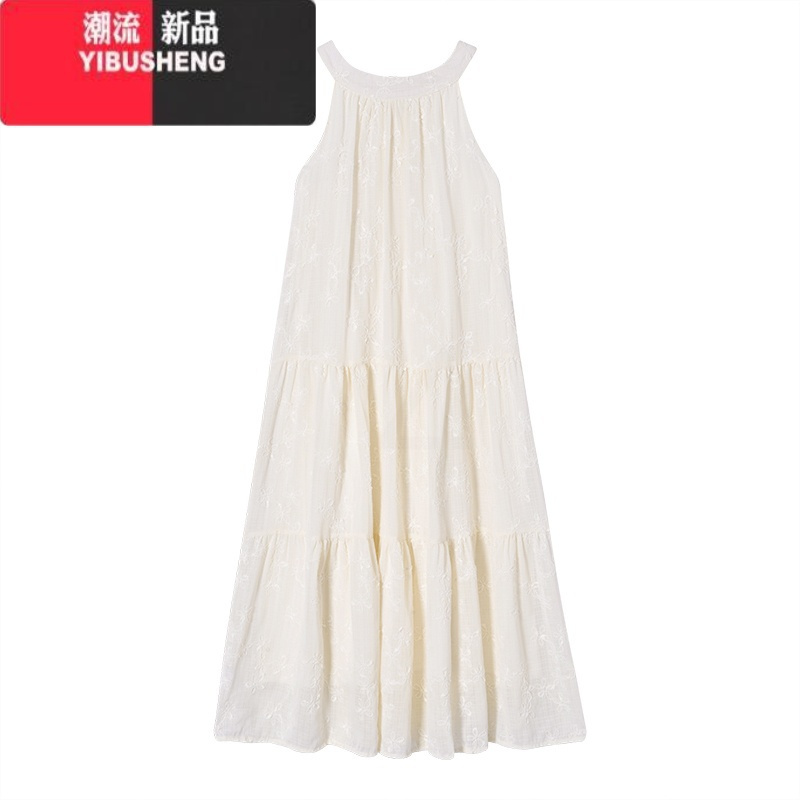 YIBUSHENG法式蕾丝挂脖连衣裙女装季新款气质露肩吊带裙海边度假长款裙子