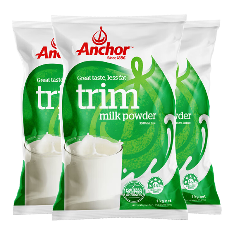 安佳(anchor)成人脱脂奶粉 进口奶粉 1kg/袋 3袋装 学生奶粉 进口食品
