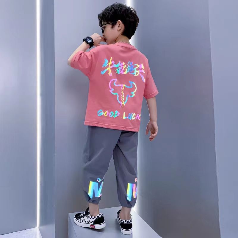儿童装男童夏装套装新款夏季男孩中大童薄款夏款运动酷帅气潮 牛气套装粉色 140
