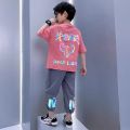 儿童装男童夏装套装新款夏季男孩中大童薄款夏款运动酷帅气潮_653 140 牛气套装粉色