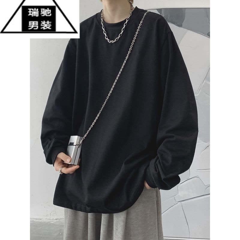 希杰狮王酒红色螺纹领口t恤男长袖美式薄款卫衣oversize小领口打底衫秋衣图片