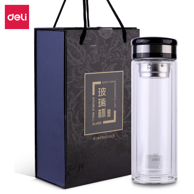 得力玻璃杯双层隔热过滤隔网过滤便携商务水杯送礼茶杯400ml