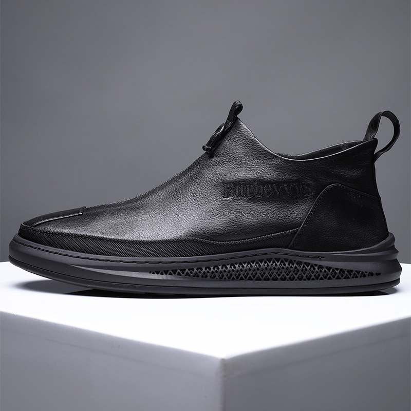 秋季男士小短靴真皮透气黑色套脚休闲皮鞋男驾车鞋男鞋子