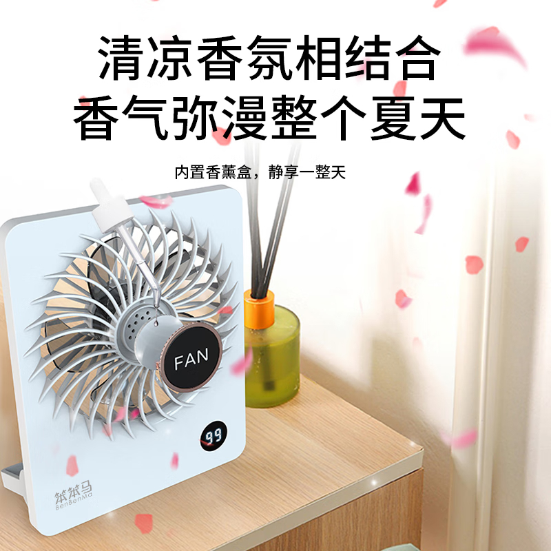 笨笨马(BenBenMa)BF10 大扇面带香薰桌面小风扇USB可充电台式办公室学生宿舍床头大风力便携电风扇