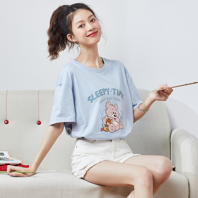 猫和老鼠联名唐狮黑色短袖t恤女纯棉夏新款ins潮宽松上衣