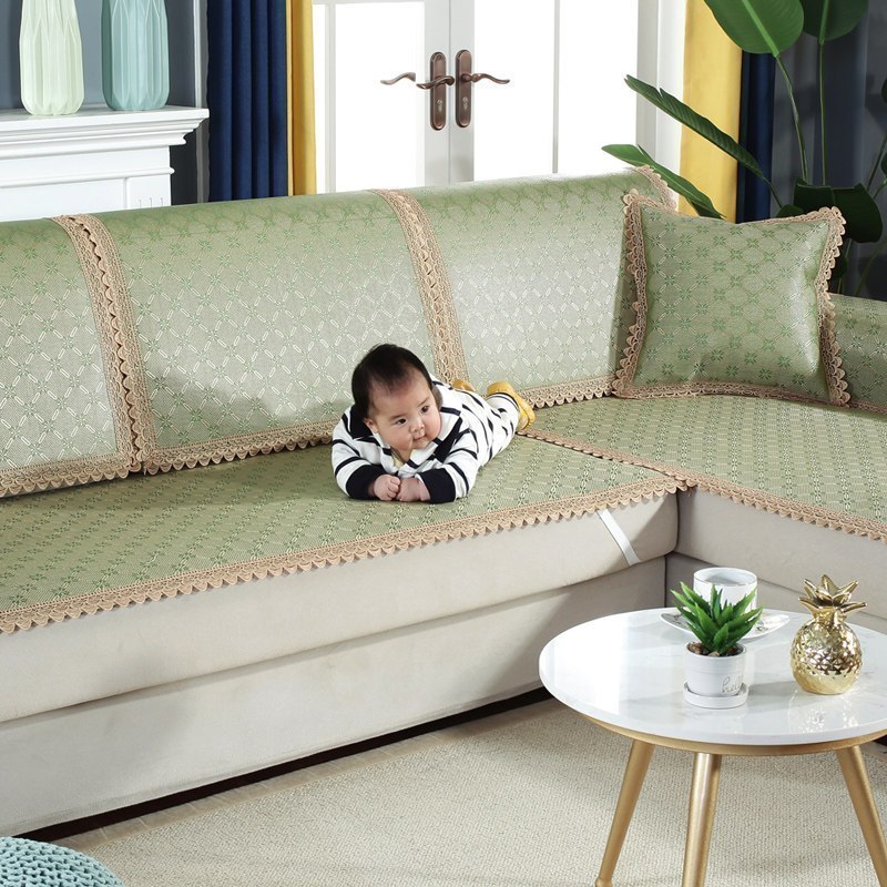 美帮汇沙发垫夏季套罩巾全包凉席冰丝凉垫子竹席夏天款防滑藤席四季通用 绿角花（大孔防滑） 70*140cm