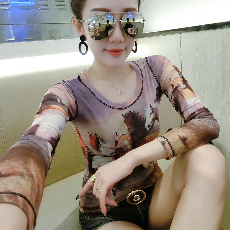站2018春夏新款打底T恤女欧美潮流印花修身显瘦短袖网纱上衣6108#长袖