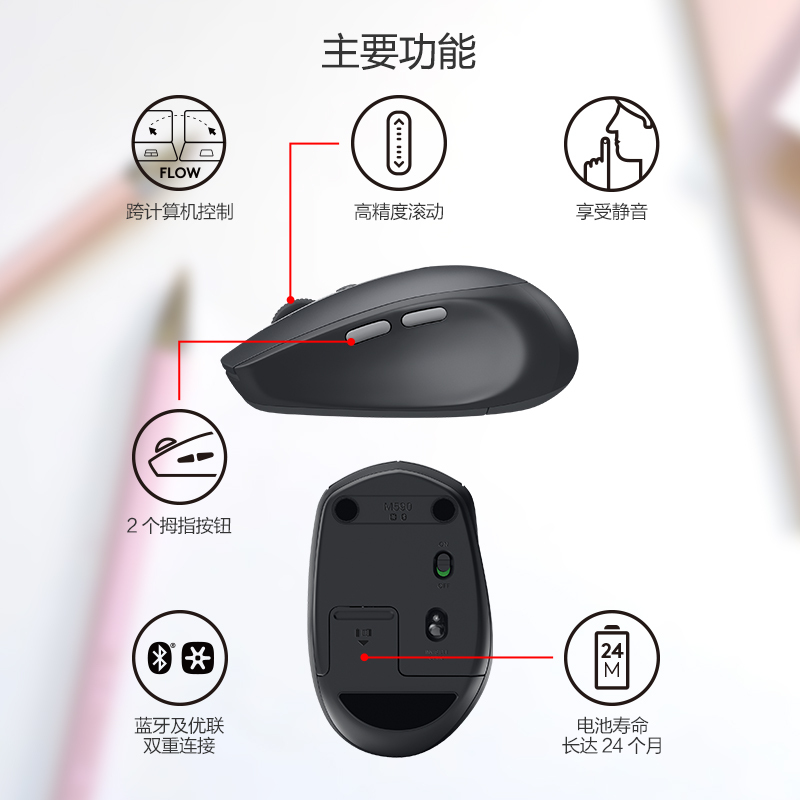 罗技(Logitech)M590无线静音蓝牙鼠标双模连接办公商务笔记本家用Flow技术 宝石红