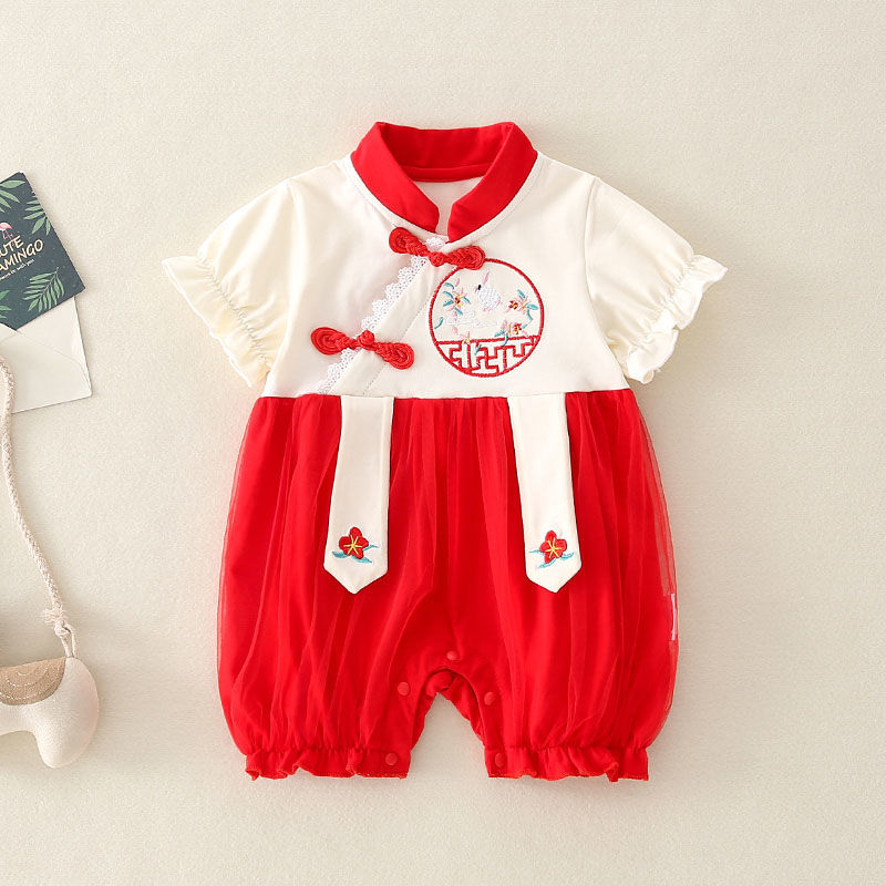 婴儿夏装女宝宝满月百天衣服公主中国风婴幼儿外出短袖夏季连体衣