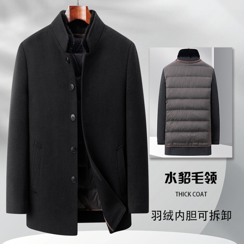 花花公子品牌高档冬装水貂毛领+可拆羽绒内胆男士羊毛呢大衣立领厚男外套高清大图