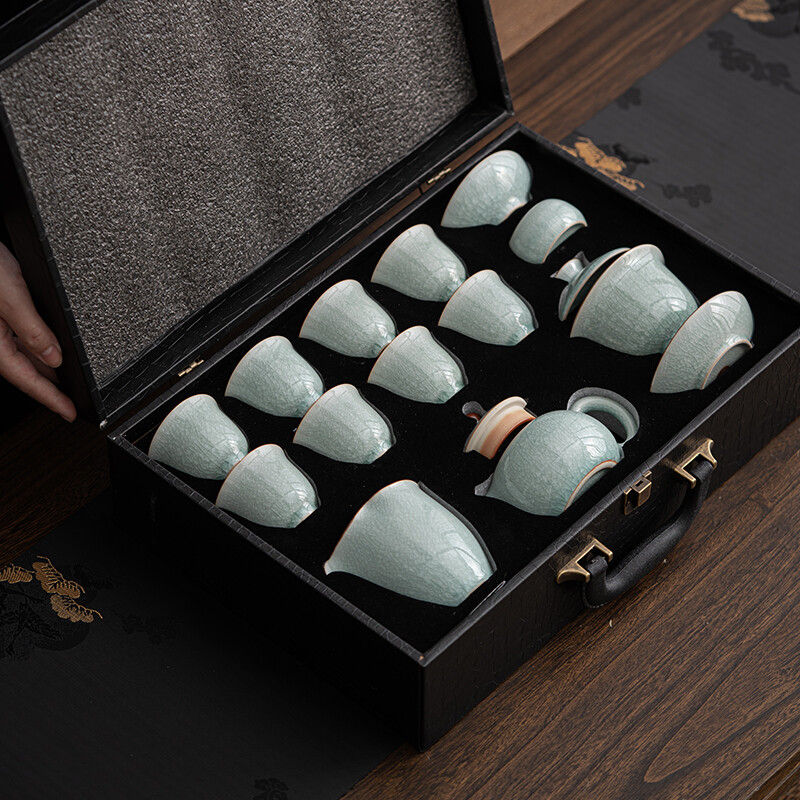 苏氏陶瓷(SUSHI CERAMICS) J0672 汝窑冰花大套组(杯壶盖碗茶漏组) 十二件套 (单位:套)高清大图