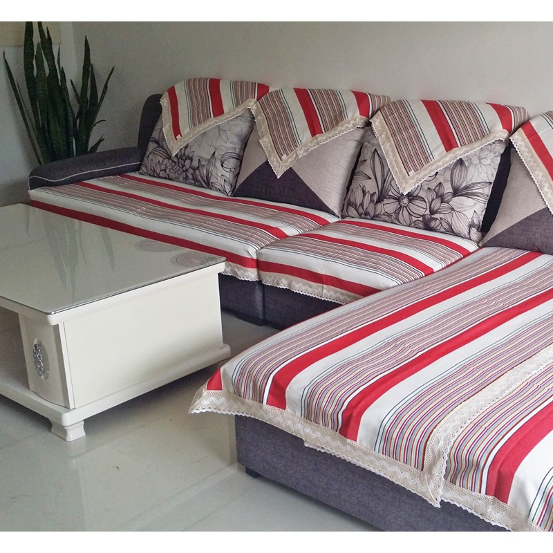 美帮汇四季通用老粗布沙发垫加厚沙发巾现代简约防滑靠背巾定制 6号色-枣红细条 110*220cm