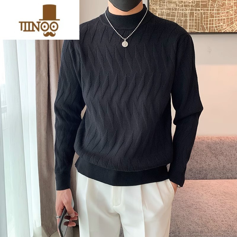 YANXU半高领毛衣男厚款宽松韩版潮流保暖中领打底毛线衣针织衫男高清大图