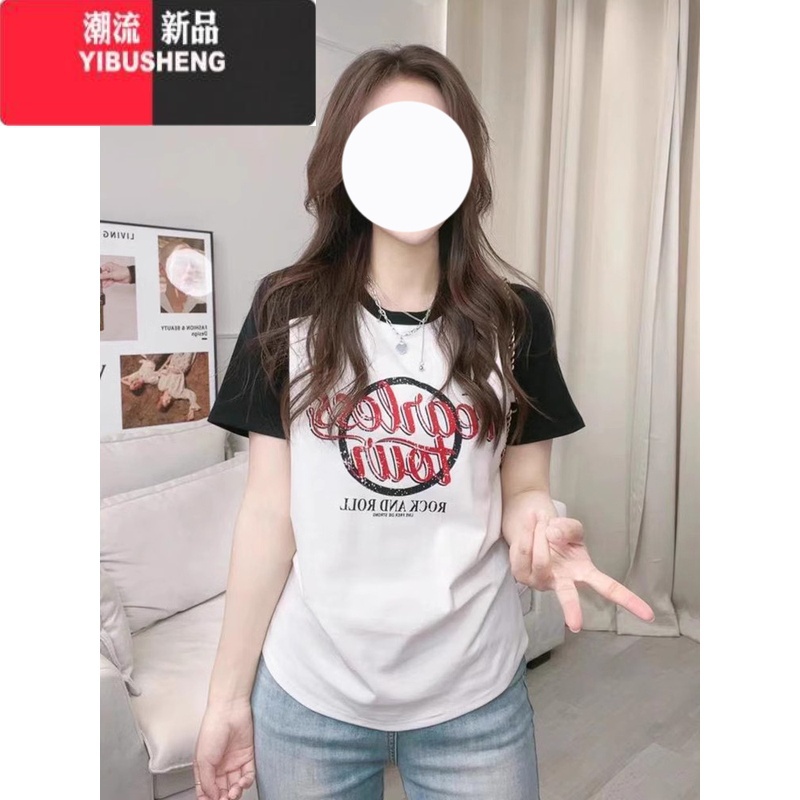 YIBUSHENG大码女装2024季新款胖mm洋气减龄拼色印花正肩短袖t恤显瘦上衣高清大图
