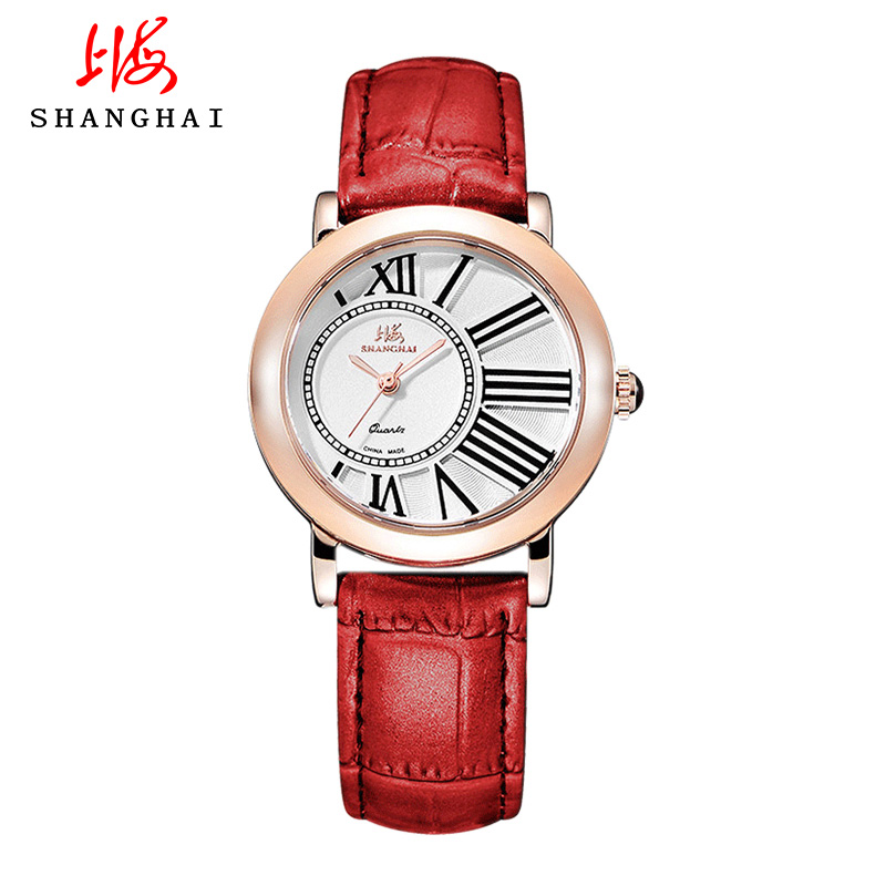 上海表SHANGHAI手表 防水女士潮流时尚真皮表带女表 石英表女士腕表皮革真皮表带女表粉色腕表X632高清大图