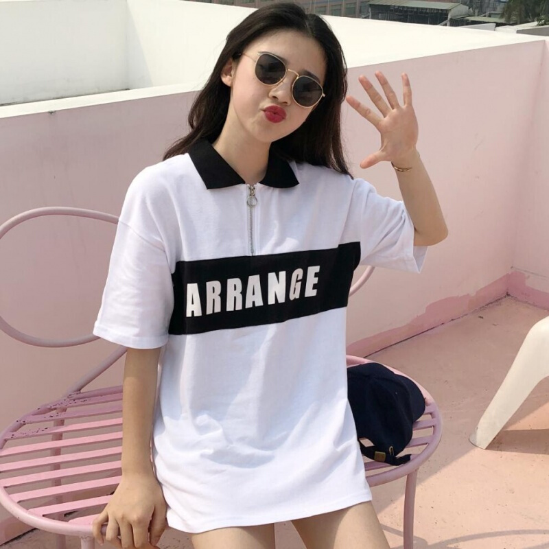 夏装女装韩版拼接字母印花T恤宽松短袖polo衫打底衫上衣体恤学生黑色均码