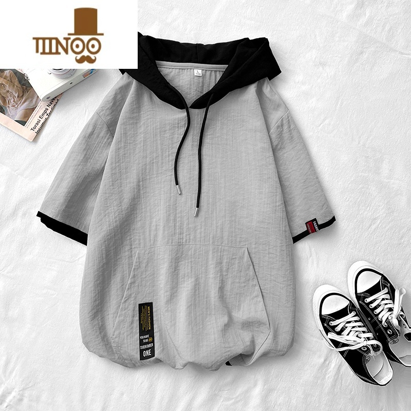 YANXU冰丝短袖连帽卫衣男士夏季薄款潮牌宽松男装上衣体恤半袖t恤衣U高清大图