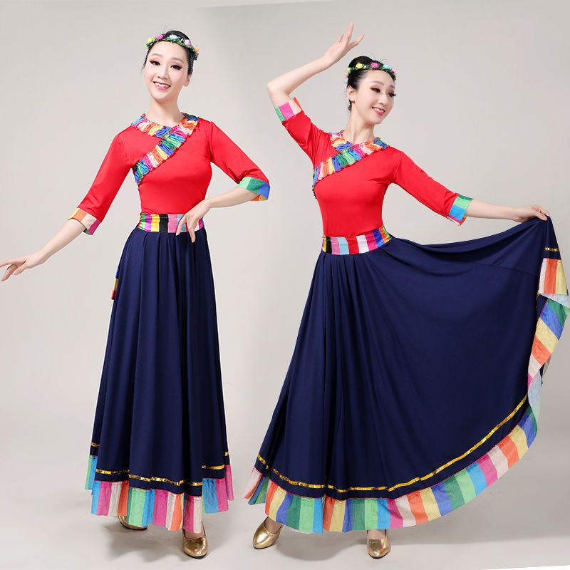 新款套装民族风大摆裙藏族舞蹈演出服装女广场舞成人藏族练习裙